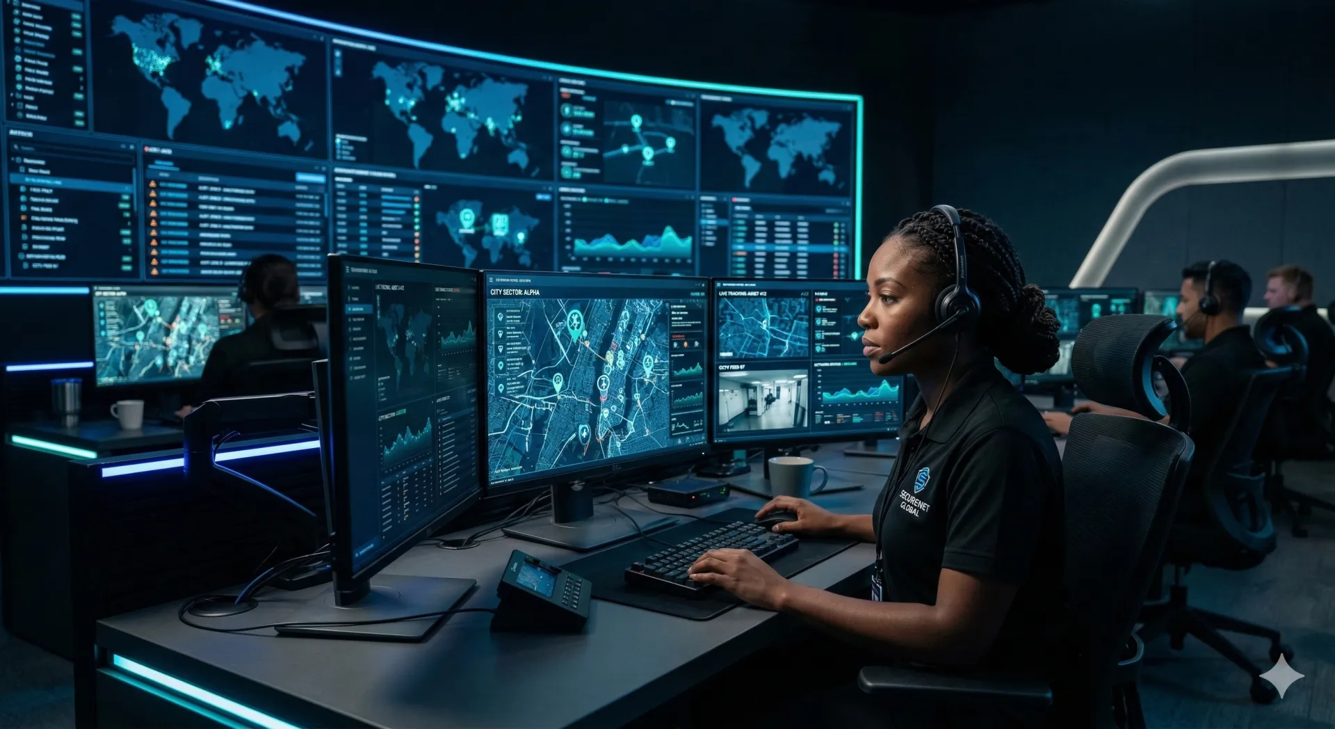 Command center with wall displays and operator desks